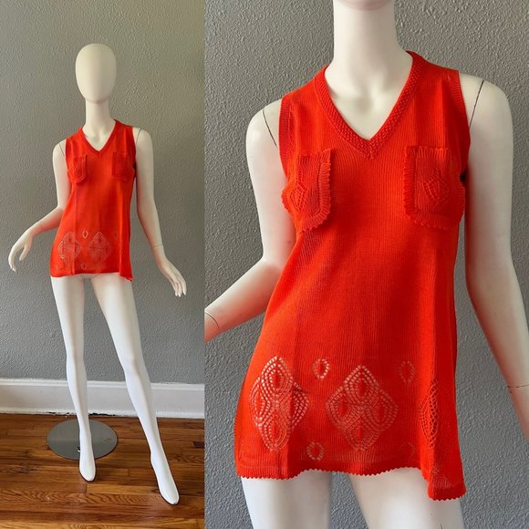 Vintage 70s Orange Boho Cardigan Tunic Sweater, Space Dyed M